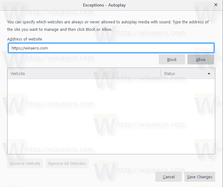 Exceptions de Firefox Autoplay Sound Blocker