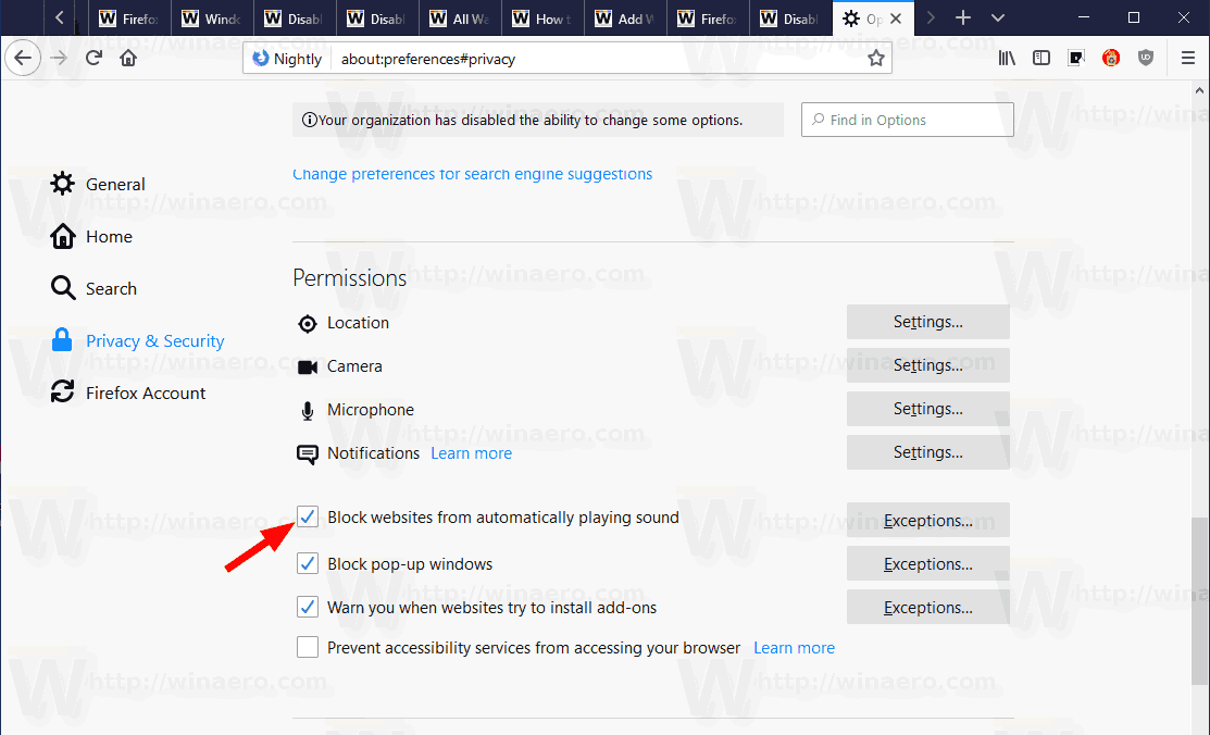 Opció de bloqueig de so de reproducció automàtica de Firefox