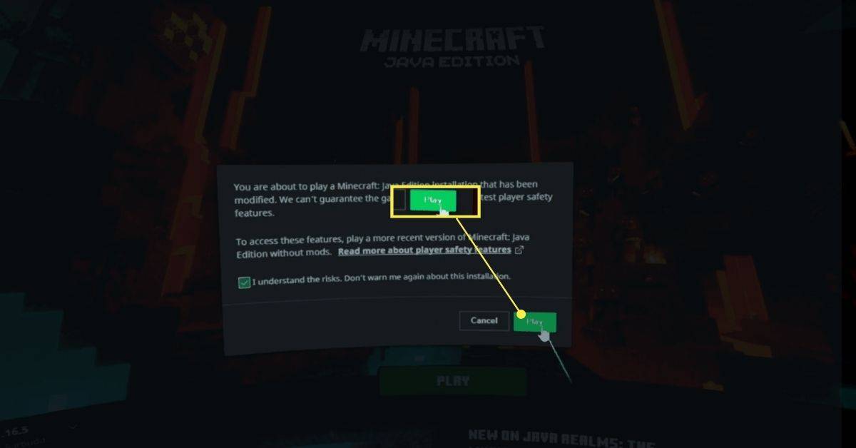 Przycisk Odtwórz na ostrzeżeniu o modyfikacji Minecrafta w VR.