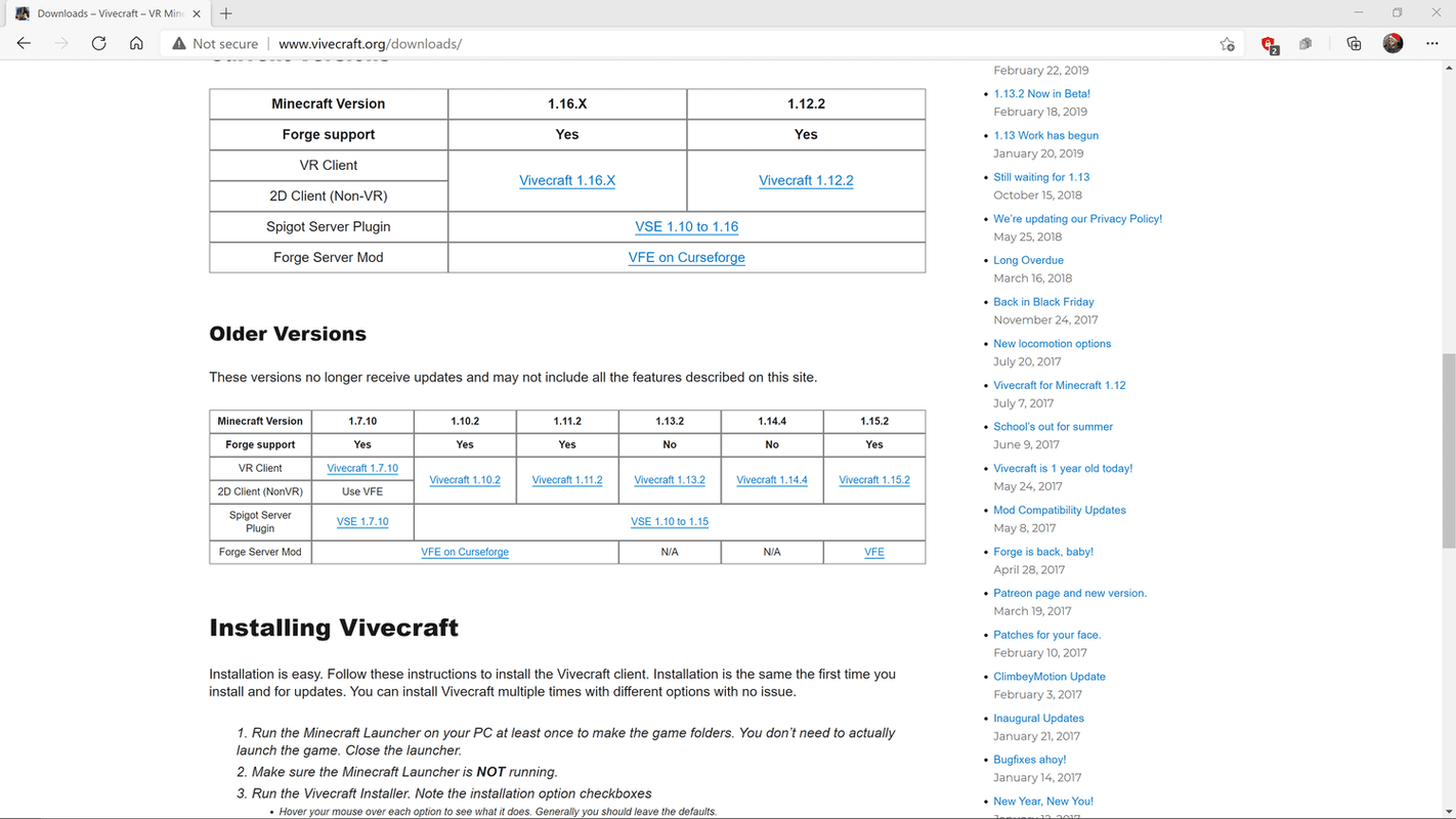 Webová stránka Vivecraft se zvýrazněnou verzí Vivecraft 1.16.x.