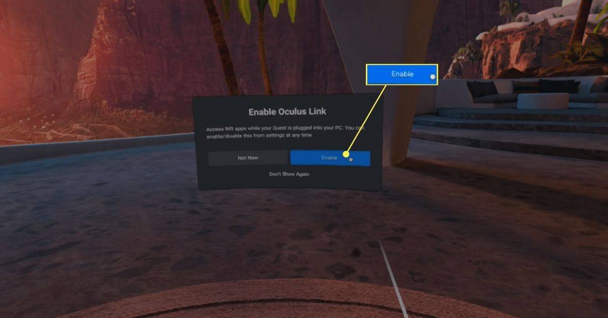 Aktiver-knapp for Oculus Link fra et Oculus Quest 2-hodesett.
