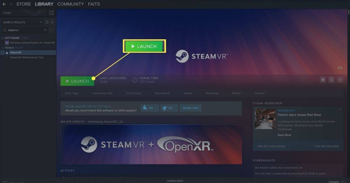 Przycisk uruchamiania SteamVR z biblioteki Steam.