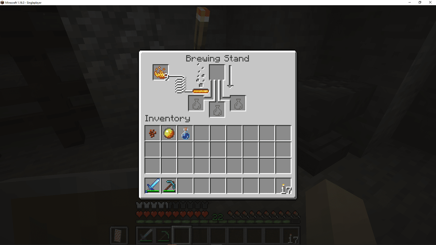 Snímka obrazovky poháňaného stojana na varenie piva v Minecrafte.