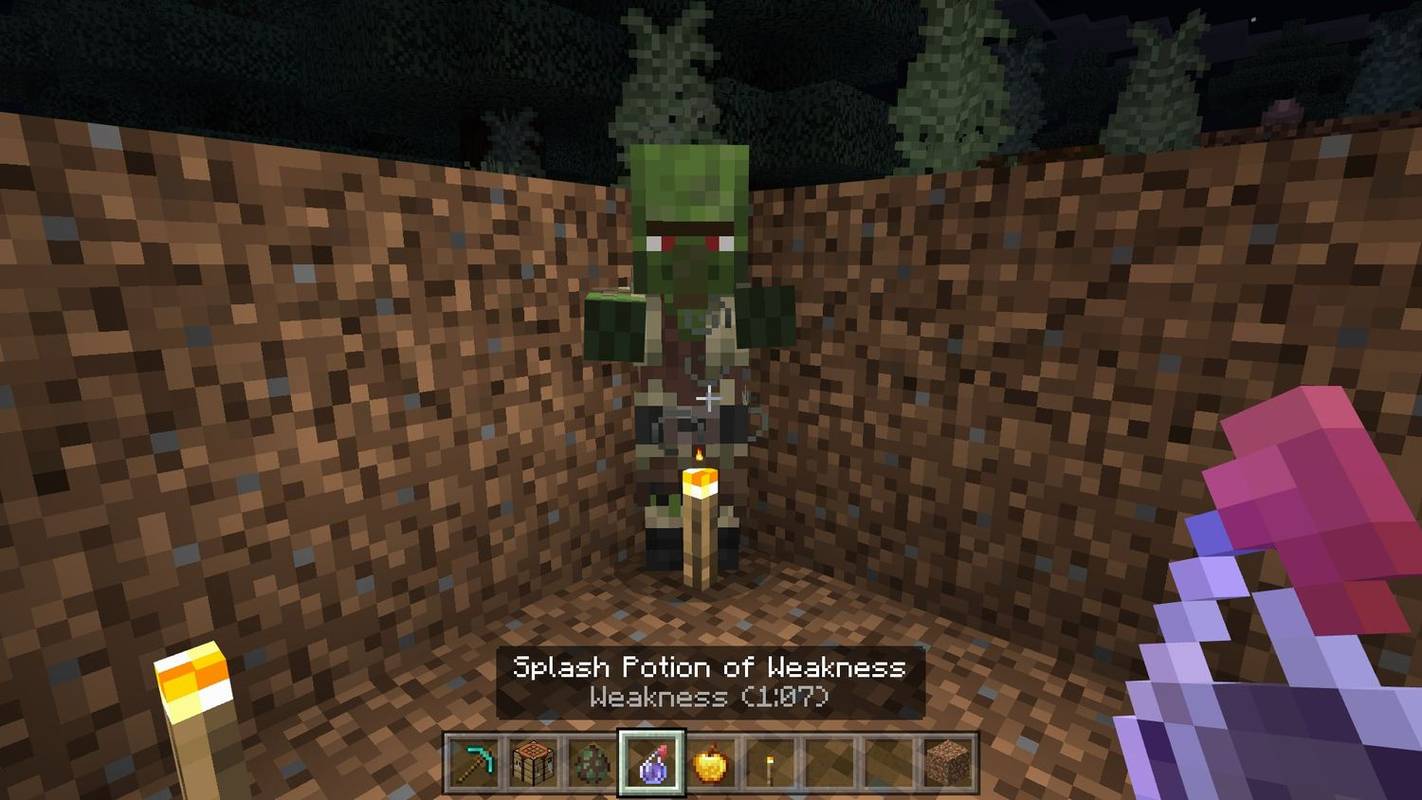 שימוש בשיקוי התזה של חולשה על כפרי זומבי ב-Minecraft