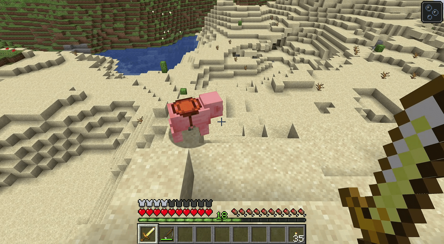 En gris som har på seg en sal i Minecraft.