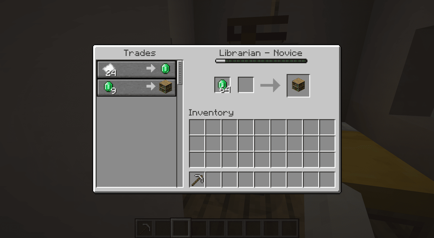 Comerciando con un aldeano bibliotecario en Minecraft.