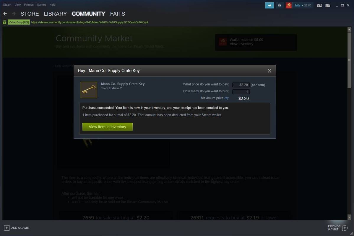 Potvrzení nákupu služby Steam Community Market.