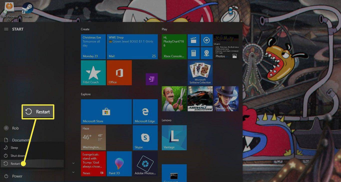 Start på nytt uthevet i Windows 10