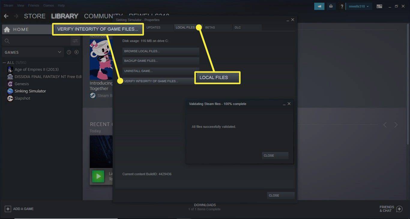 Arquivos locais e verificação da integridade dos arquivos do jogo destacados no Steam