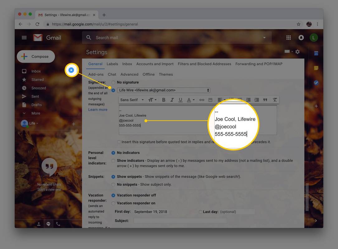 Snímka obrazovky poľa Podpis v Gmaile cez webový prehliadač Chrome
