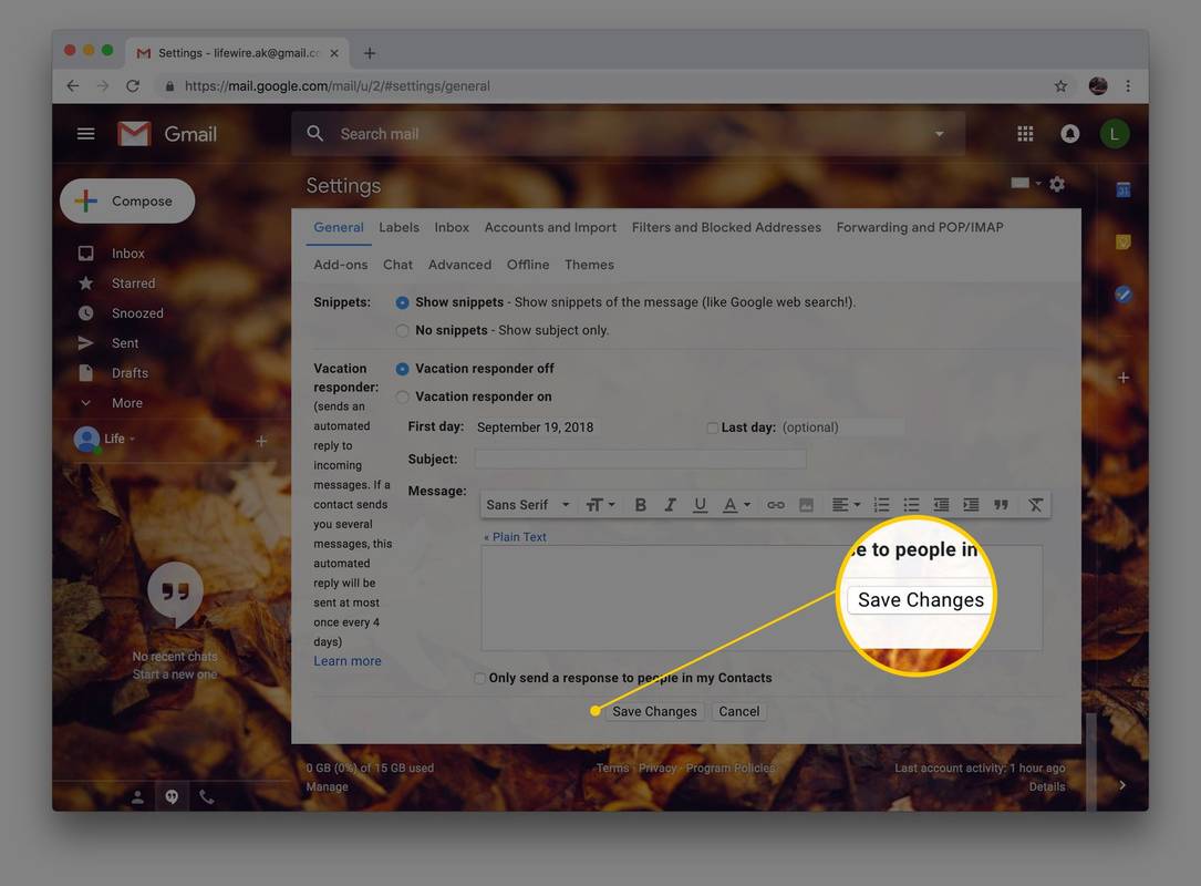 Screenshot ng Save Changes in Settings menu sa Gmail sa pamamagitan ng Chrome web browser