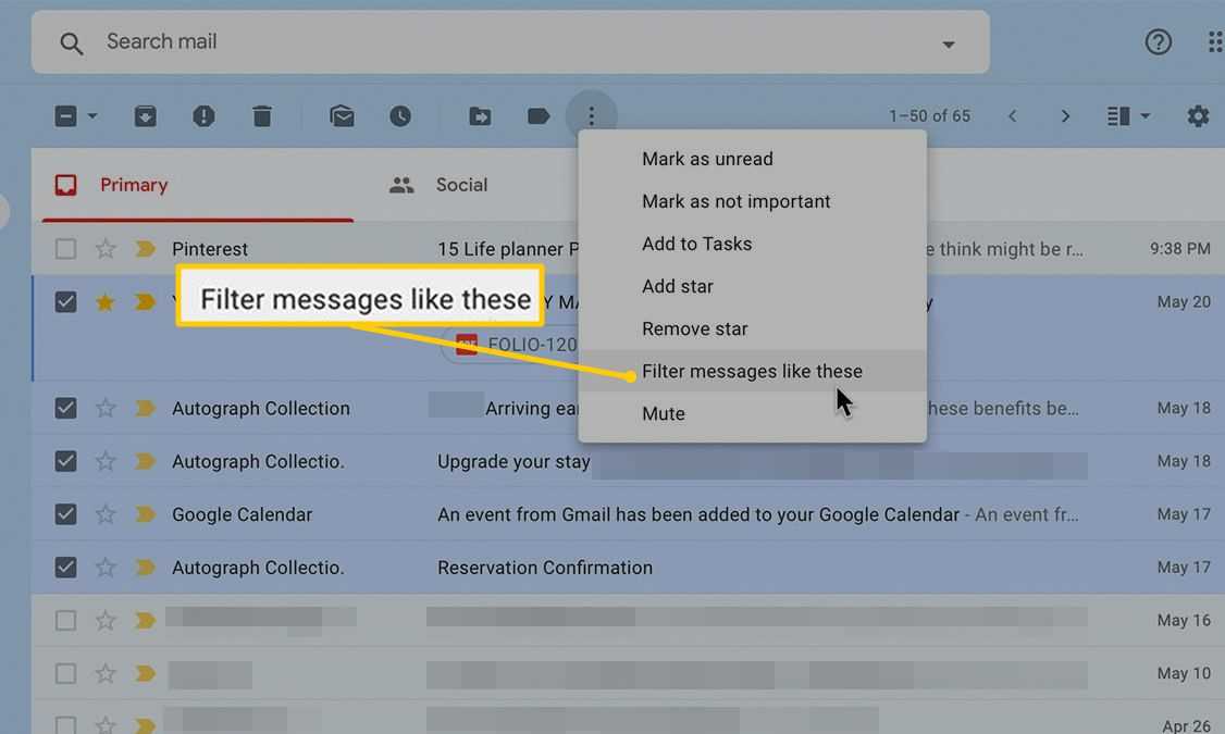 Filtrer meldinger som dette alternativet i Gmail