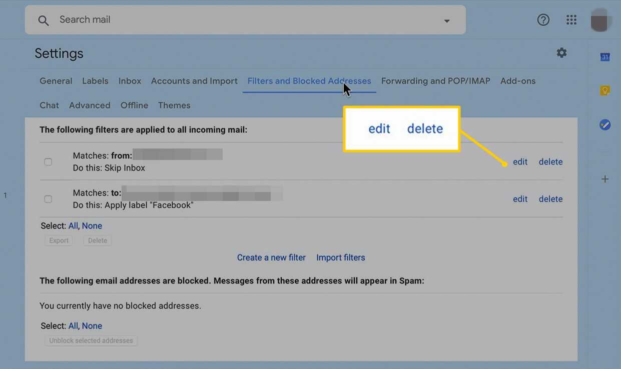 κουμπιά επεξεργασίας και διαγραφής στις Ρυθμίσεις Gmail