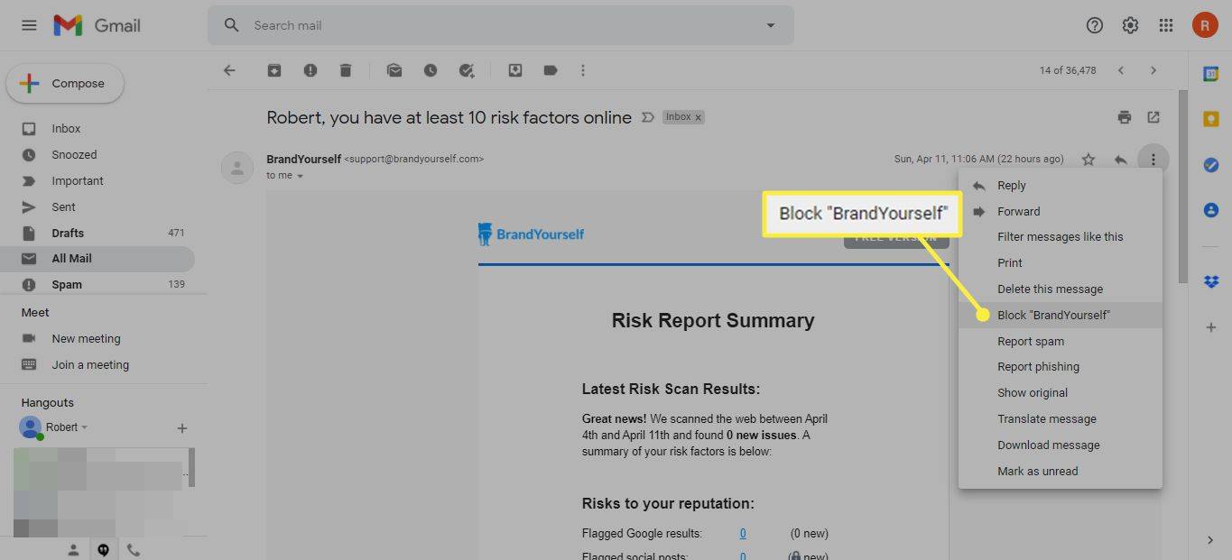 Blokovat v nabídce Více ve zprávě Gmail