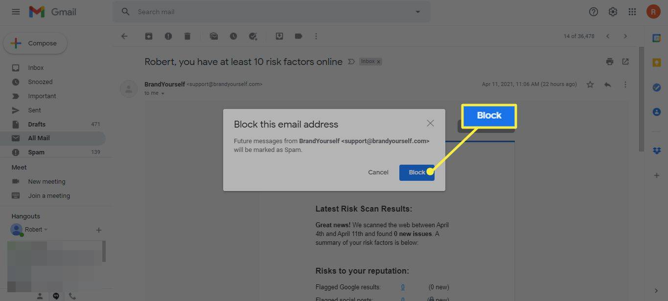 Blokovať túto e-mailovú adresu potvrdzujúce dialógové okno so zvýrazneným tlačidlom Blokovať