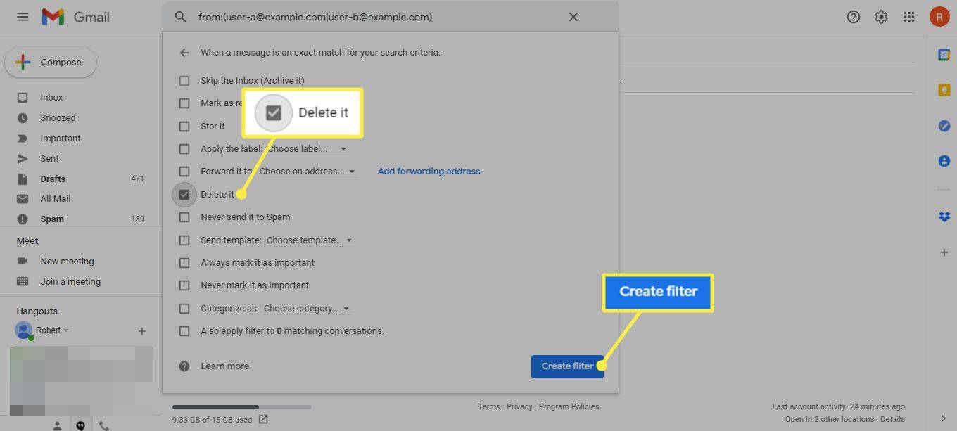 Tlačidlo Odstrániť a Vytvoriť filter v dialógovom okne možností vyhľadávania v Gmaile