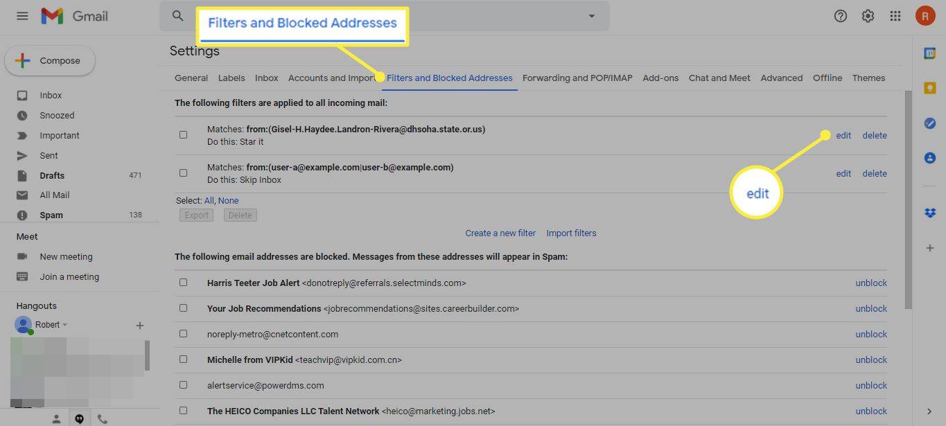 Karta Filtry a blokované adresy a Upravit v Nastavení Gmailu