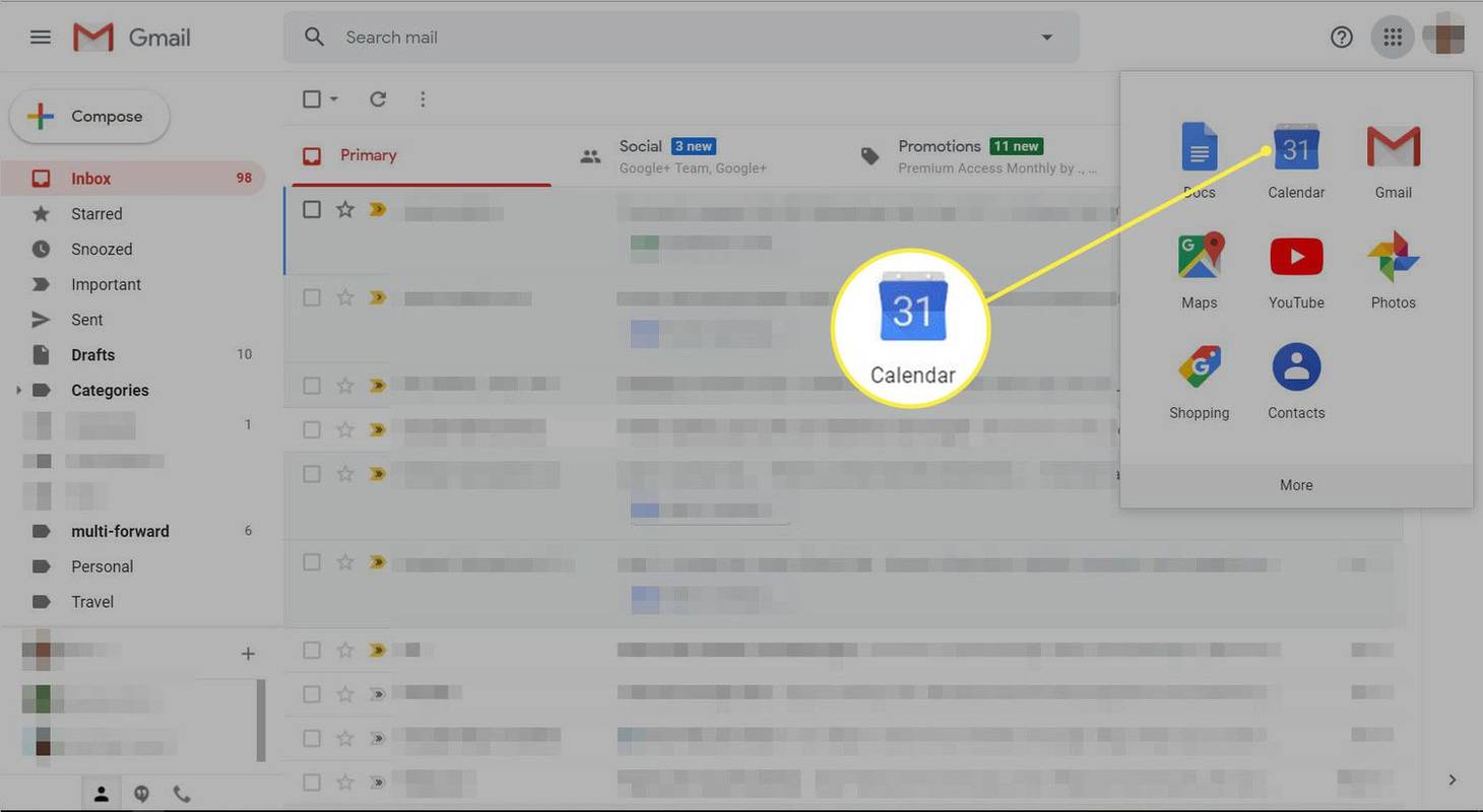 Gmail z wyświetlonym menu Google.