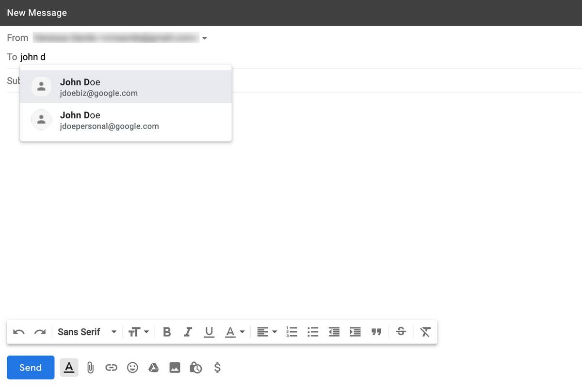 Παράθυρο Νέου μηνύματος Gmail με αναπτυσσόμενο μενού Προς