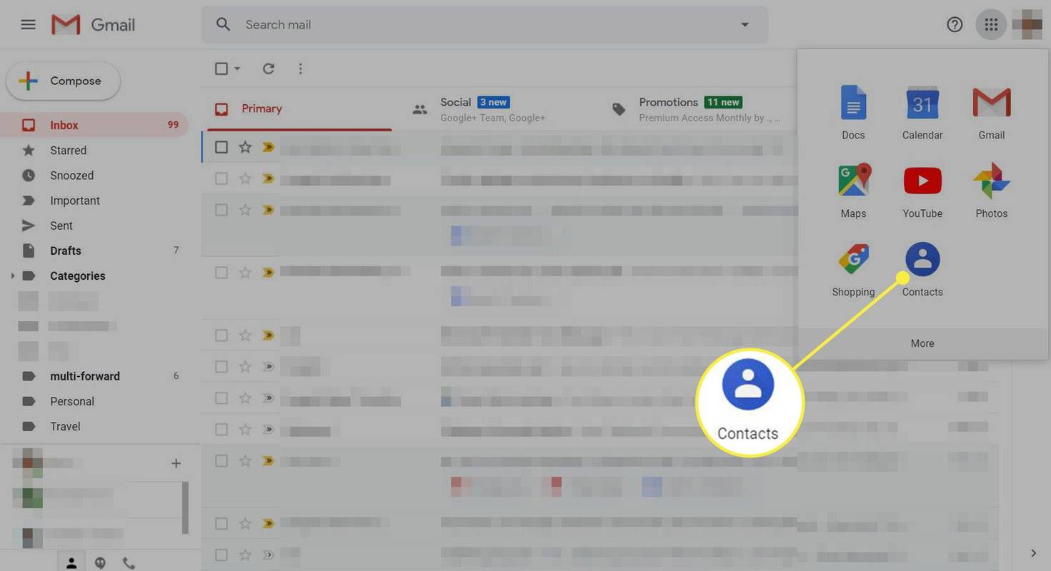 Et skærmbillede af Gmail med ikonet for appen Kontakter fremhævet
