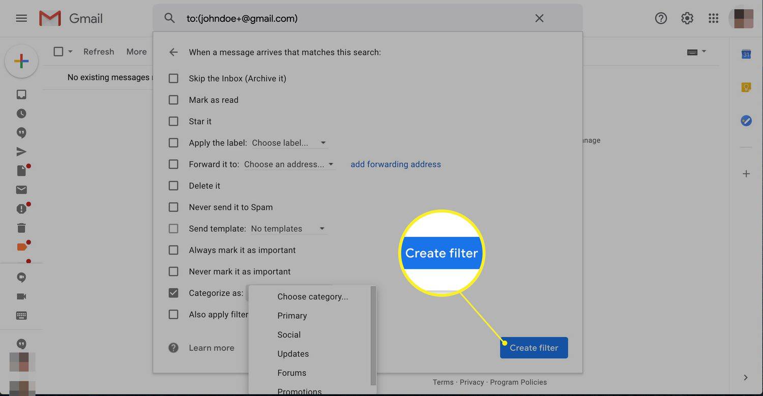 Tlačidlo Vytvoriť filter v Gmaile