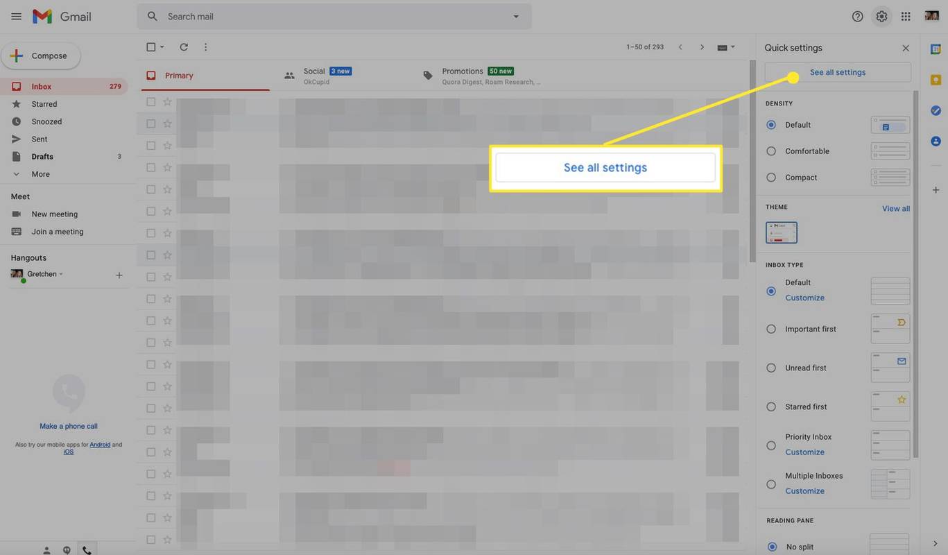 Obrazovka doručenej pošty Gmail so zvýraznenou možnosťou Zobraziť všetky nastavenia