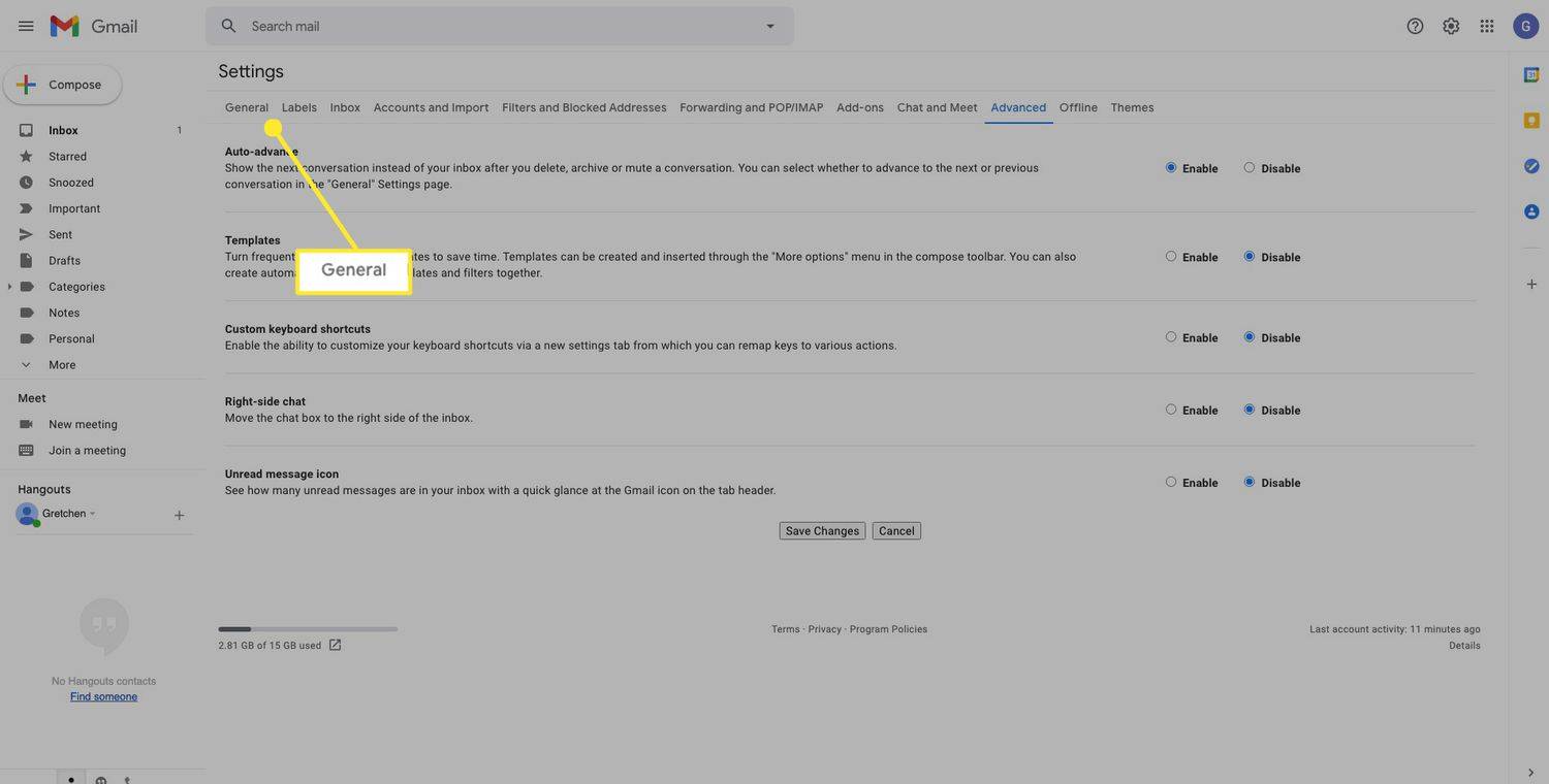 Mga setting ng Gmail na may naka-highlight na tab na Pangkalahatan