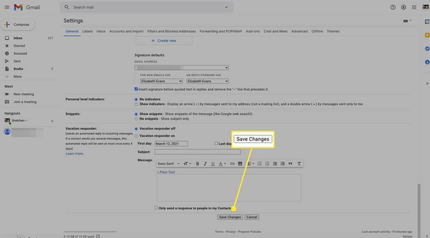 Paramètres Gmail avec Enregistrer les modifications en surbrillance