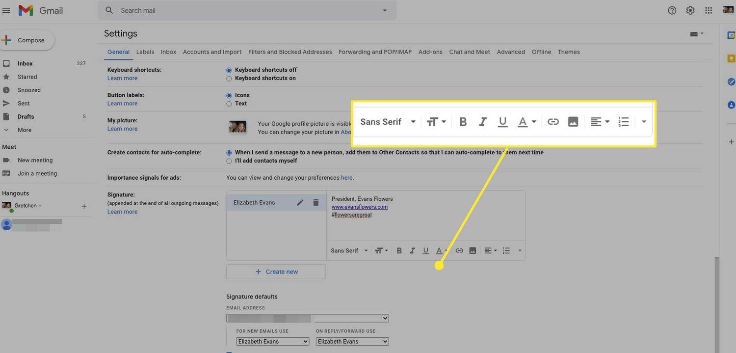 Podświetlony pasek narzędzi formatowania podpisu Gmaila