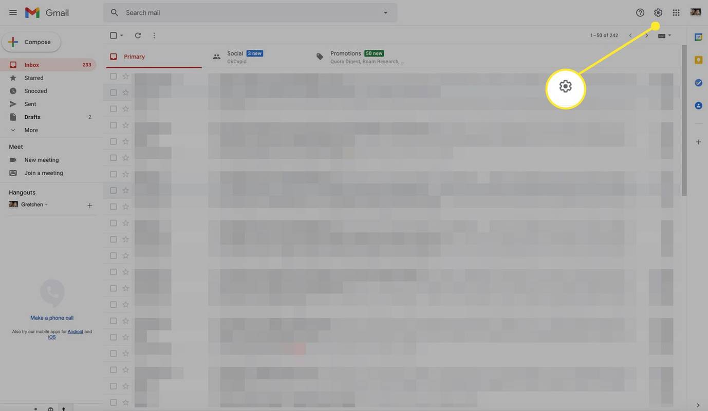 Ecran inbox Gmail cu Setări (pictograma roată) evidențiată