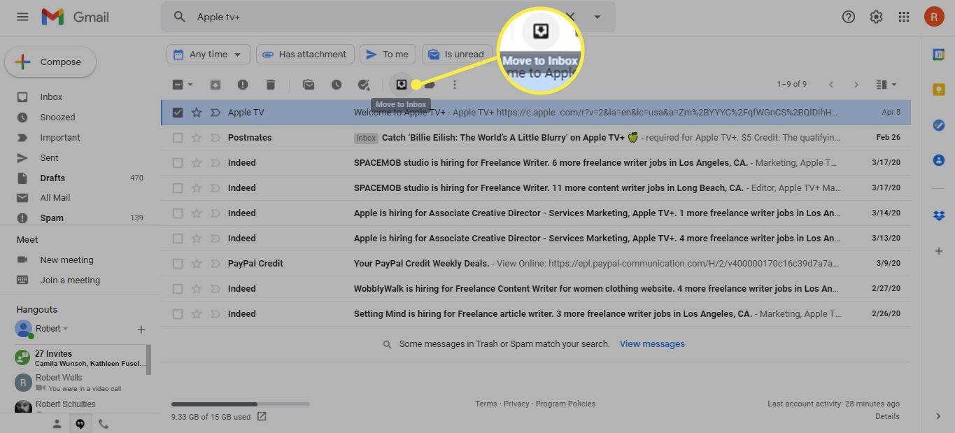 Gmail με τονισμένο το κουμπί Μετακίνηση στα Εισερχόμενα