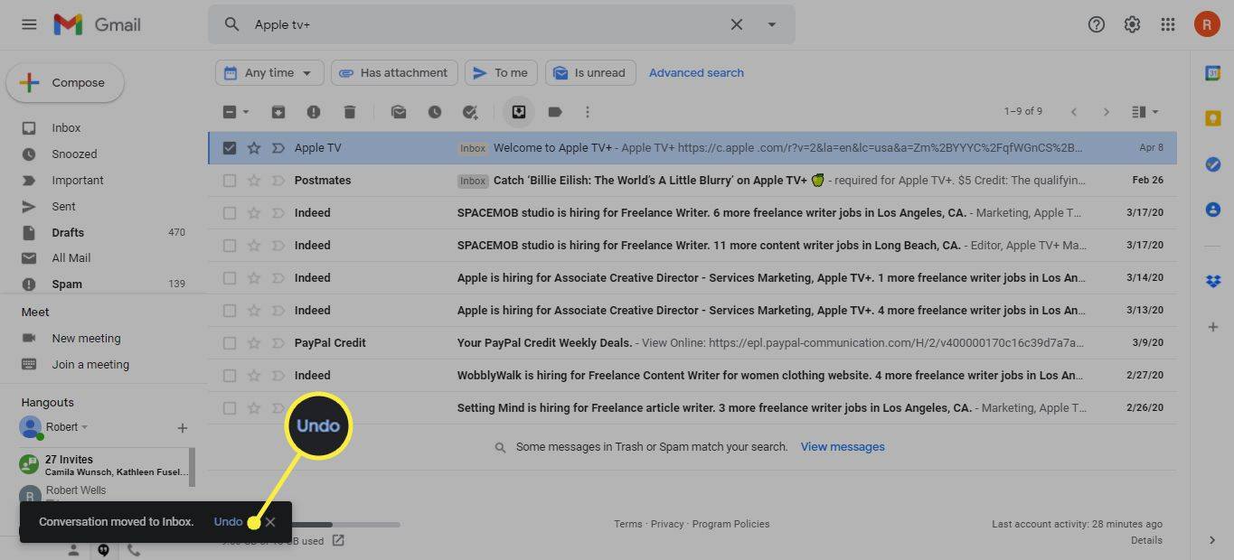 Quadre de diàleg de confirmació de Gmail amb el botó Desfés ressaltat