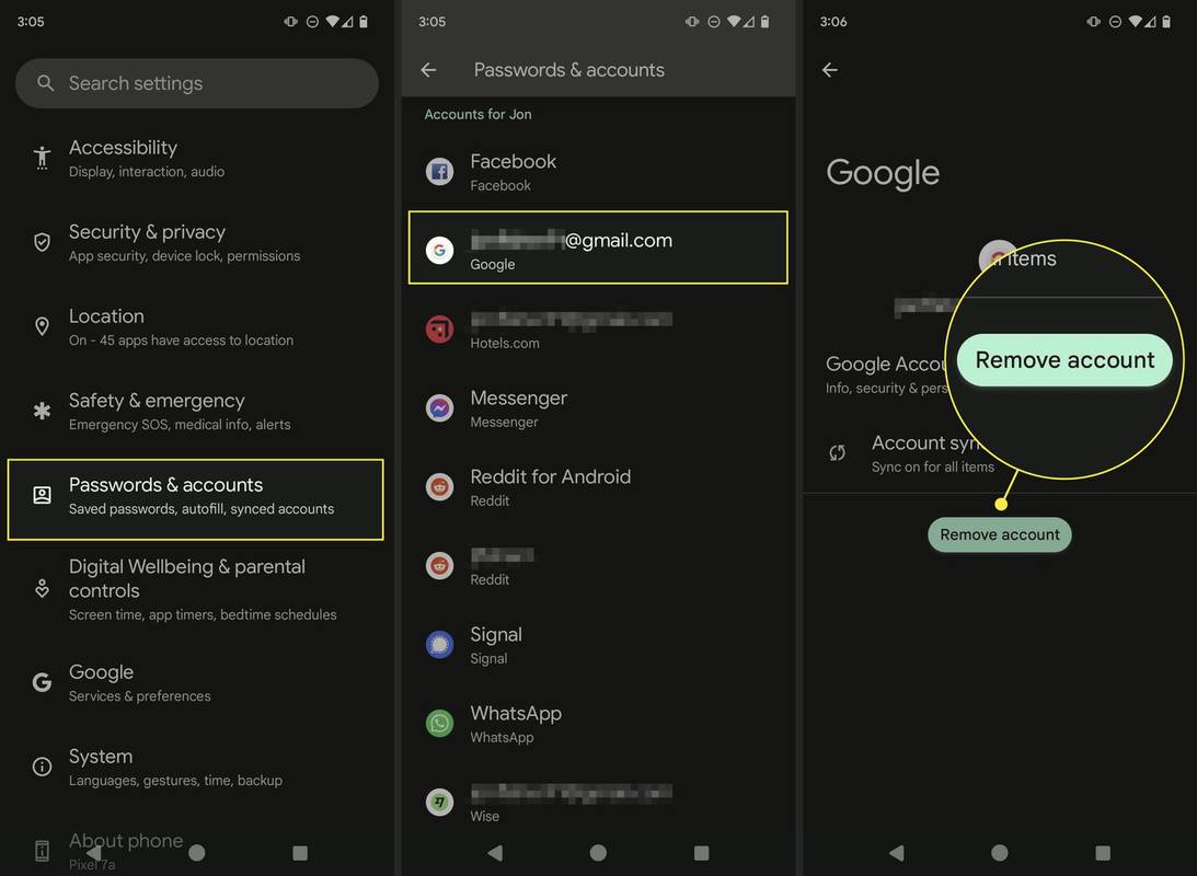 Langkah-langkah yang disorot untuk menghapus akun Google dari ponsel Android.
