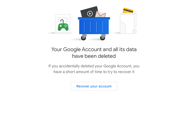 Stránka s potvrdením, ktorá hovorí: Váš účet Google a všetky jeho údaje boli odstránené.