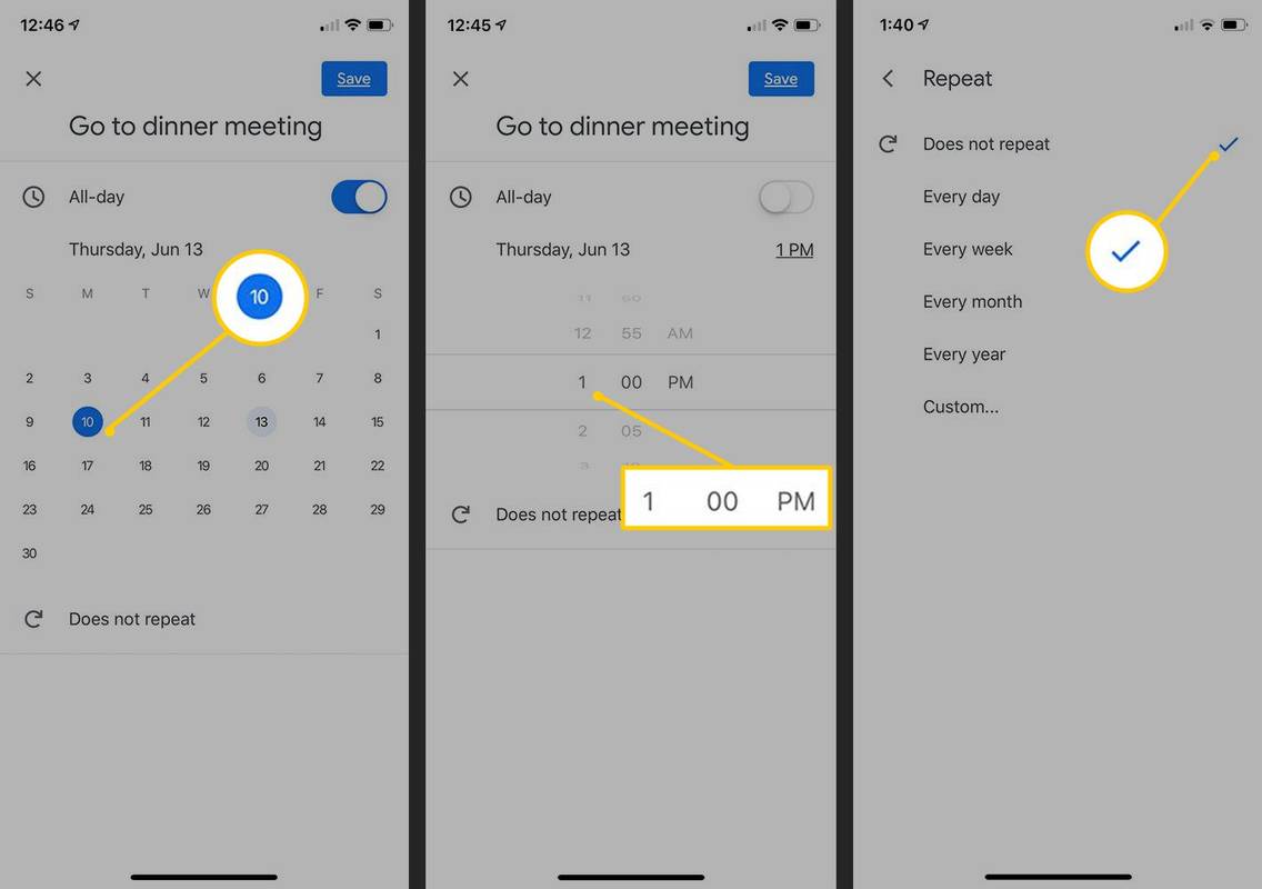 Kalenderdag, klokkeslett, avmerkingsboks for Gjenta i Google Reminders mobil