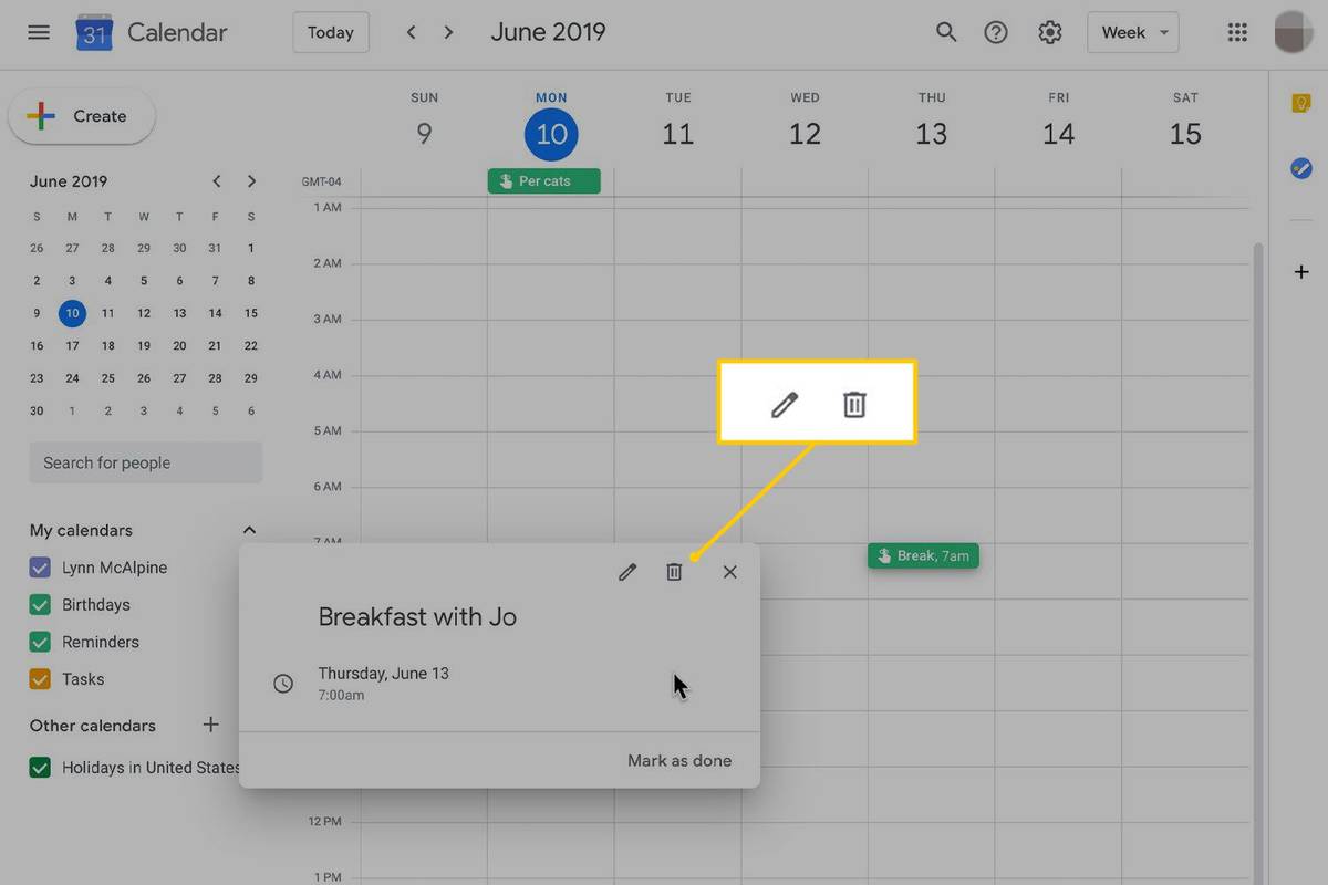 Εικονίδιο Επεξεργασία ή Κάδος απορριμμάτων στις υπενθυμίσεις Google μέσω ημερολογίου