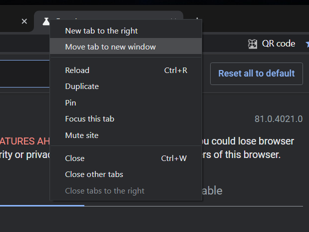 Chrome نقل علامة التبويب إلى نافذة جديدة