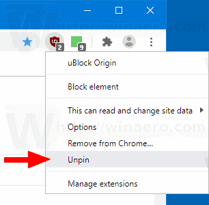 Botón de extensión de desanclaje de Chrome