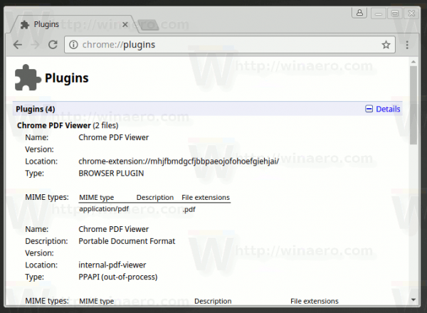 Pagina pluginurilor Chrome