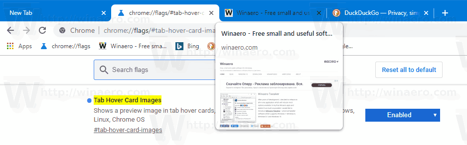 بطاقات Chrome Tab Hover قيد التشغيل