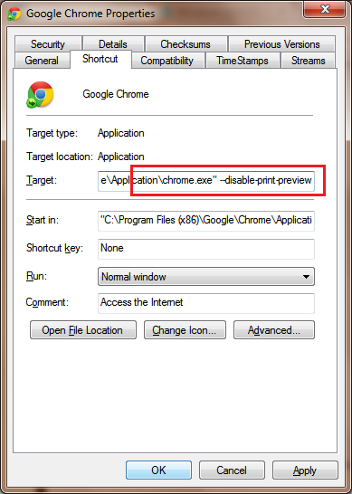 Google Chrome tiada suis pratonton cetak