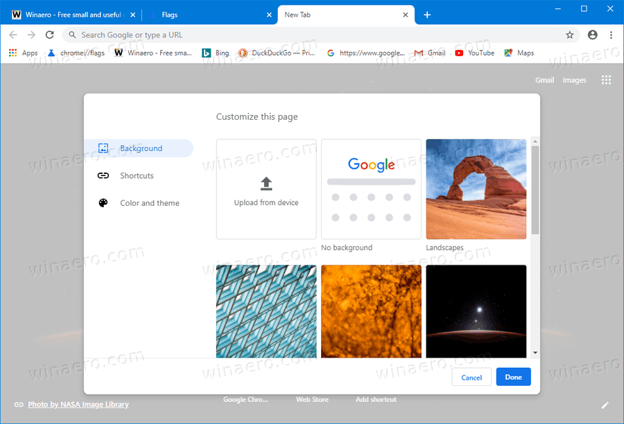 خيارات صفحة علامة التبويب الجديدة الحديثة في Chrome