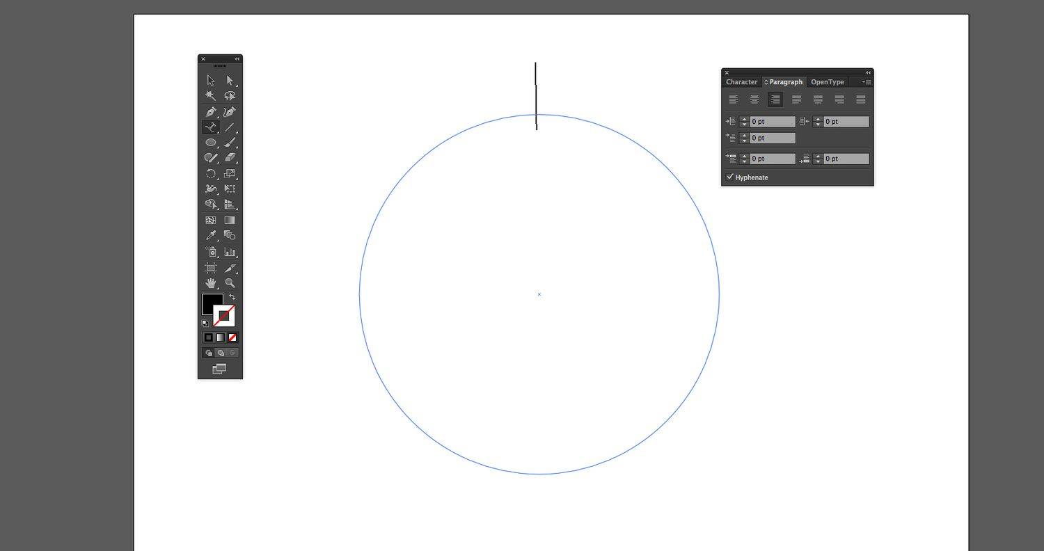Kurzor je umístěn v horní části kruhu a je otevřený panel Paragrah zobrazující Zarovnat střed.