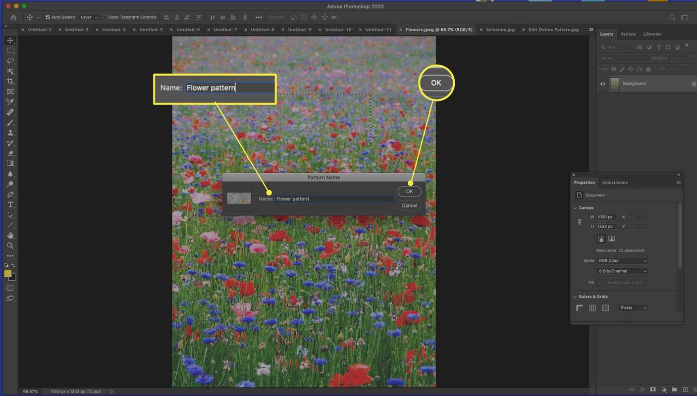 Dialog Photoshop Define Pattern dengan pola Bunga dan OK disorot