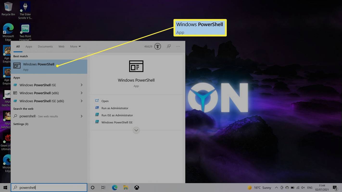Windows PowerShell zvýraznený vo výsledkoch vyhľadávacieho panela