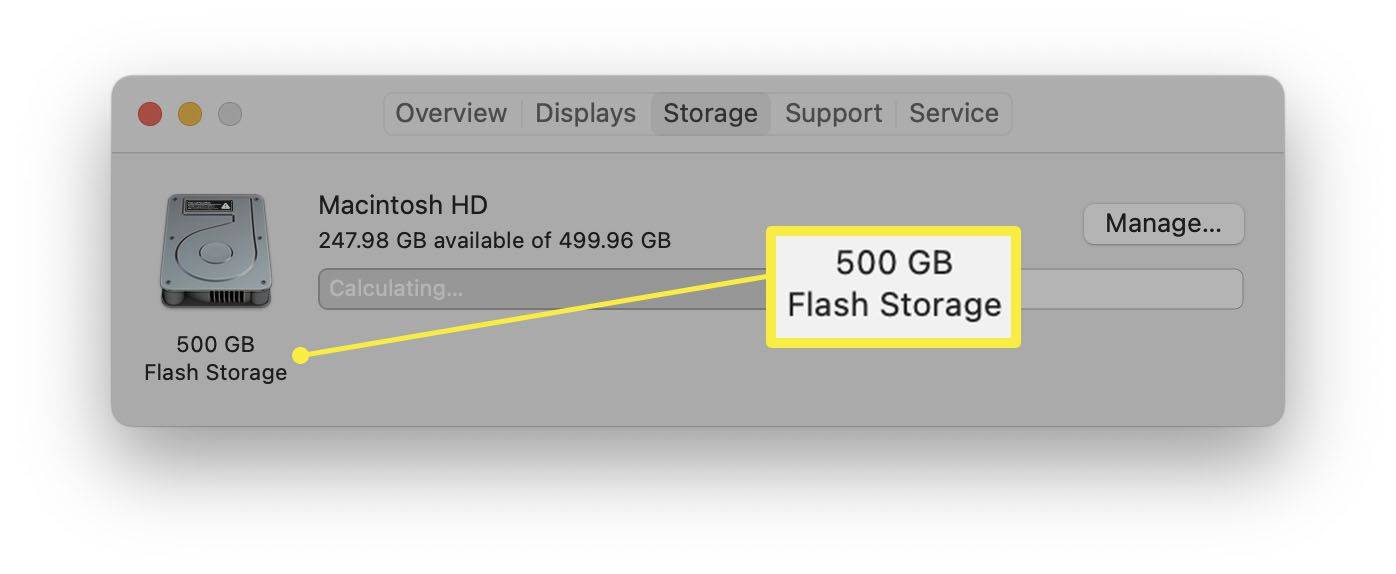 macOS se zvýrazněným typem pevného disku v části O tomto Macu