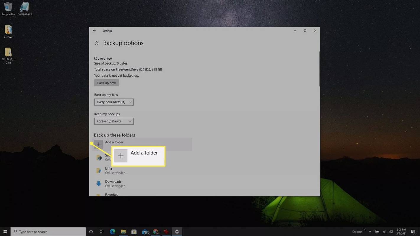 Windows 백업 옵션에서 강조 표시된 폴더 추가 옵션