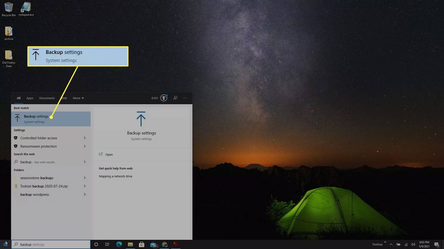 Ustawienia kopii zapasowej podświetlone w menu Start systemu Windows