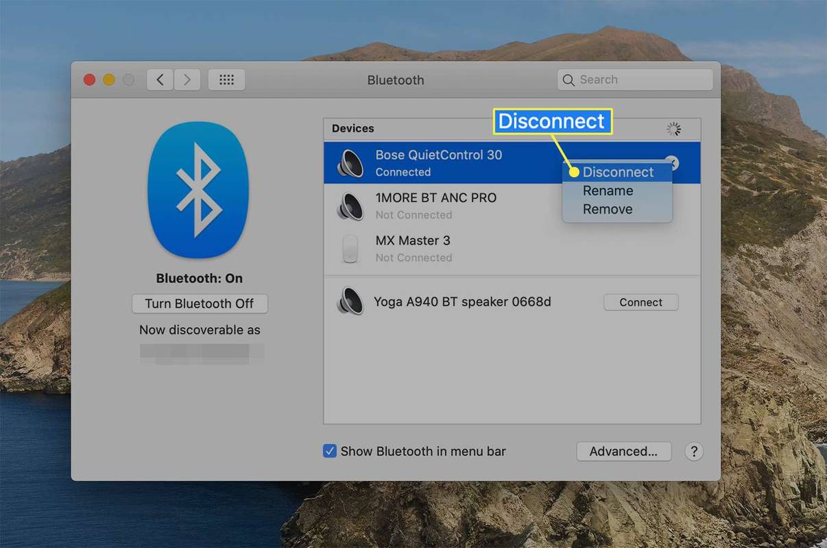 Možnosť odpojiť od pripojeného zariadenia Bluetooth v systéme macOS