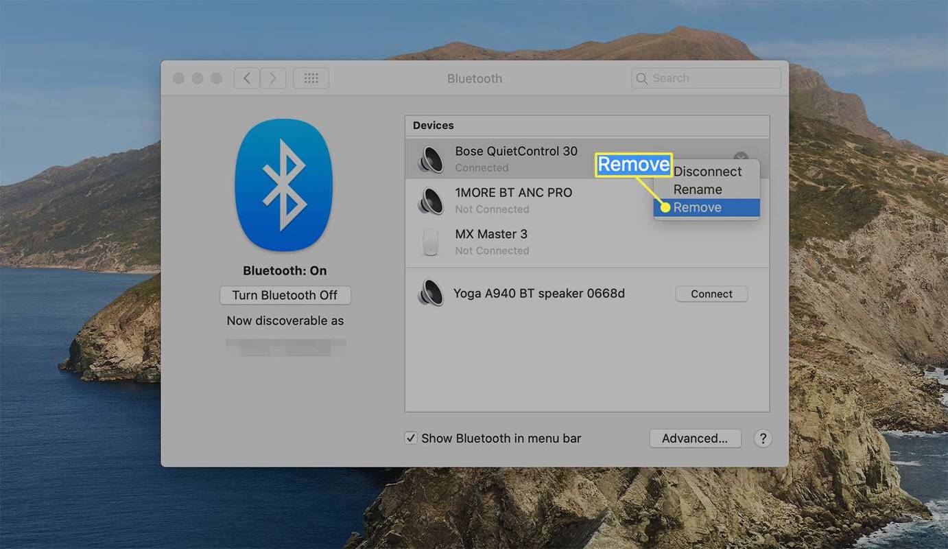 Možnosť Odstrániť na zrušenie párovania zariadenia z predvolieb Bluetooth systému macOS